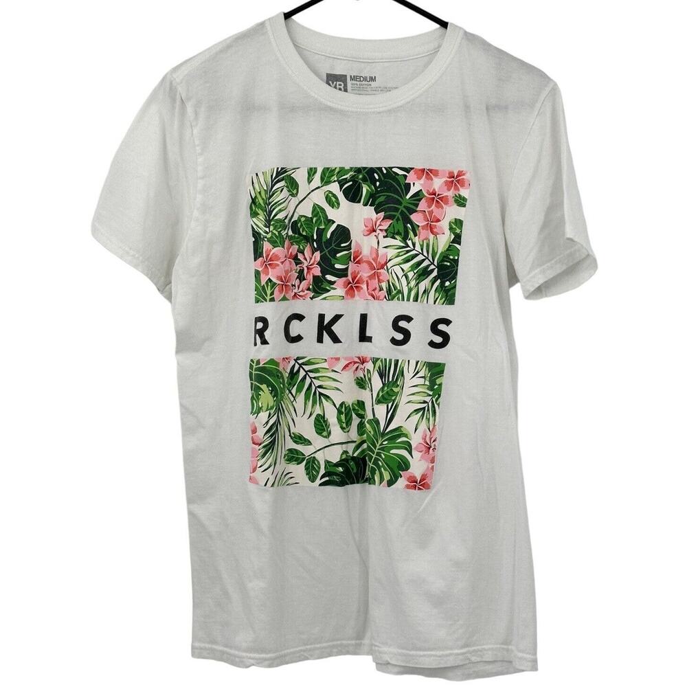 Young & Reckless Shirt Mens Medium White‎ 100% Cotton Crew Graphic Floral Logo